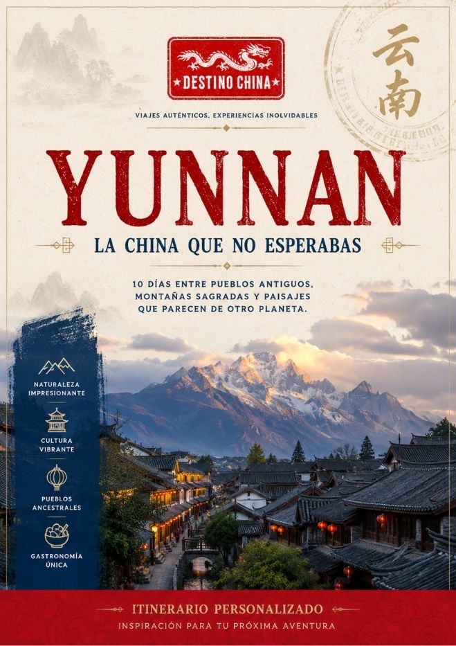imagen de cartel de itinerario Yunnan China con un fondo de montañas y cielo